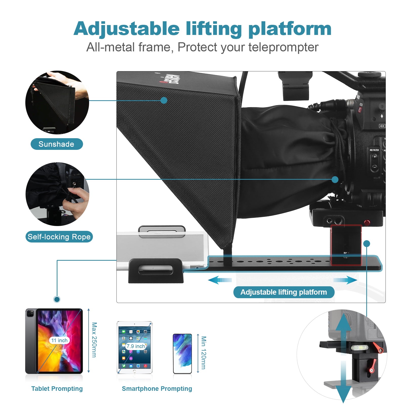 Desview T12 Teleprompter, 12.5 inch High Display Glass, Liftable Teleprompter with Remote Control, Metal Body, Compatible with DSLR/Camcorders/ipad, Easy Assembly with Carry Case for Video Making